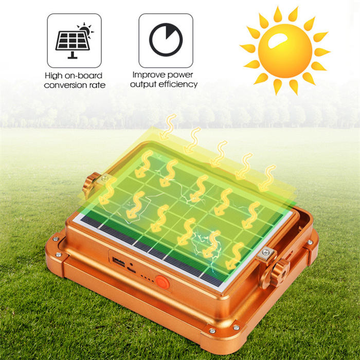 Proiector solar LED portabil multifunctional, cu 192 de LED-uri, 4 tipuri de iluminare, Waterproof, Incarcare telefon, Indicator led baterie, Maner, Carlig de prindere, lumina alba, calda, mixta, rosu si albastru