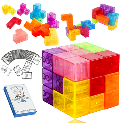 Cub magnetic Magic 3D, set Blocuri de constructie STEM, cu 7 blocuri magnetice/ forme multiple, cu 54 carti de ghidare, dezvoltarea inteligentei, Dezvoltarea Abilitatilor Motrice si a Imaginatiei