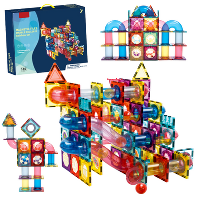 Set de Constructie Magnetic cu Tevi Tiles 3D si minge colorata, Jucarie Educationala STEM VisionHub®, 136 Piese, magnetice cu forme multiple, Dezvoltarea Abilitatilor Motrice si a Imaginatiei, Multicolor