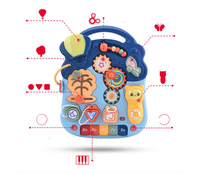 Antemergator Multifunctional, cu panou Educational si Telecomanda cu melodii, Masuta interactiva detasabila, 2 in 1 cu Sunete si Lumini, Albastru