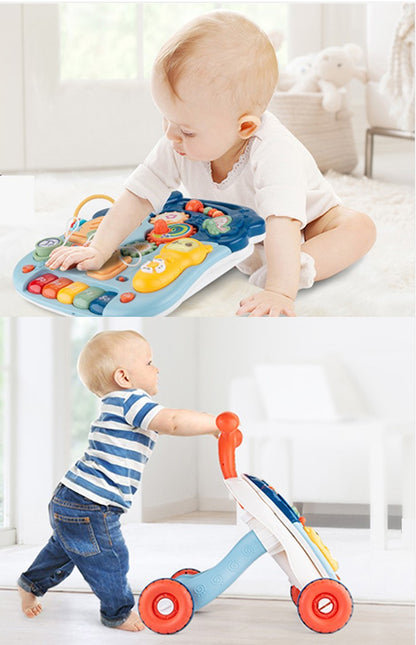 Antemergator Multifunctional, cu panou Educational si Telecomanda cu melodii, Masuta interactiva detasabila, 2 in 1 cu Sunete si Lumini, Albastru