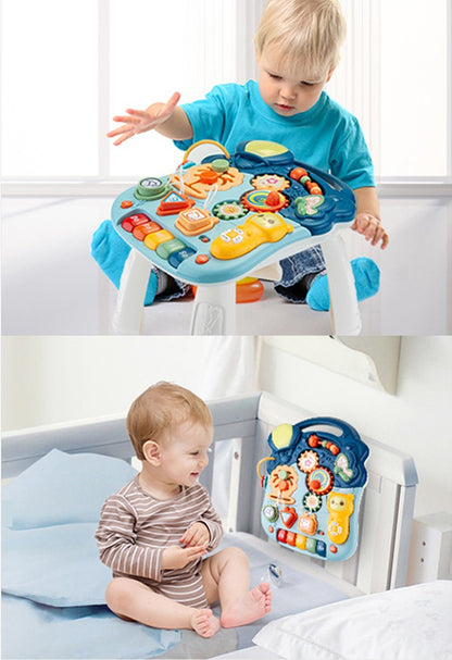 Antemergator Multifunctional, cu panou Educational si Telecomanda cu melodii, Masuta interactiva detasabila, 2 in 1 cu Sunete si Lumini, Albastru