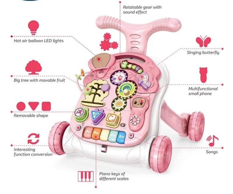 Antemergator Multifunctional, cu panou Educational si Telecomanda cu melodii, Masuta interactiva detasabila, Multiple Moduri de joaca, cu Sunete si Lumini