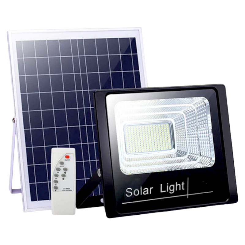 Proiector solar LED 60W, puternic cu 132 de LED-uri, cu Telecomanda cu functii multiple, Rezistent la Apa, Panou incarcare Solara 35x35, Carlig de prindere