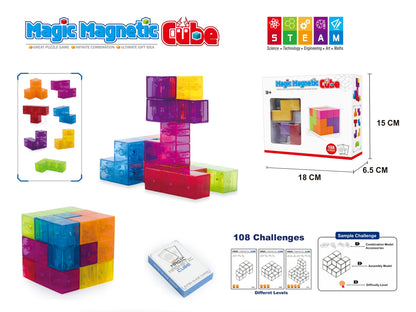 Cub magnetic Magic 3D, set Blocuri de constructie STEM, cu 7 blocuri magnetice/ forme multiple, cu 54 carti de ghidare, dezvoltarea inteligentei, Dezvoltarea Abilitatilor Motrice si a Imaginatiei