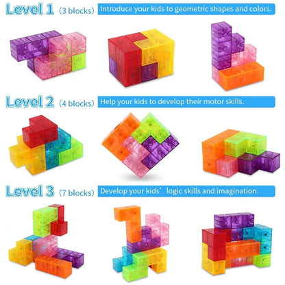 Cub magnetic Magic 3D, set Blocuri de constructie STEM, cu 7 blocuri magnetice/ forme multiple, cu 54 carti de ghidare, dezvoltarea inteligentei, Dezvoltarea Abilitatilor Motrice si a Imaginatiei