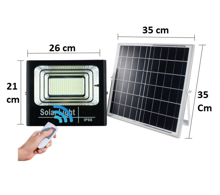 Proiector solar LED 60W, puternic cu 132 de LED-uri, cu Telecomanda cu functii multiple, Rezistent la Apa, Panou incarcare Solara 35x35, Carlig de prindere