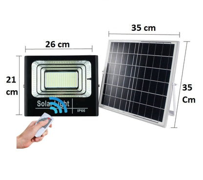 Proiector solar LED 60W, puternic cu 132 de LED-uri, cu Telecomanda cu functii multiple, Rezistent la Apa, Panou incarcare Solara 35x35, Carlig de prindere