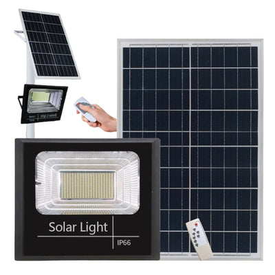 Proiector solar LED 60W, puternic cu 132 de LED-uri, cu Telecomanda cu functii multiple, Rezistent la Apa, Panou incarcare Solara 35x35, Carlig de prindere