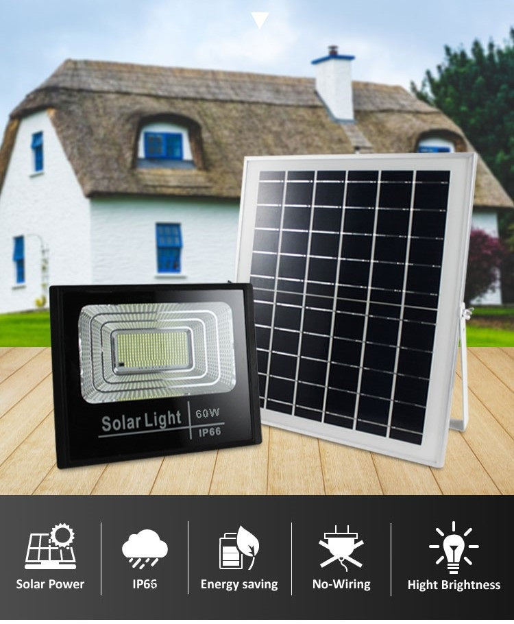 Proiector solar LED 60W, puternic cu 132 de LED-uri, cu Telecomanda cu functii multiple, Rezistent la Apa, Panou incarcare Solara 35x35, Carlig de prindere