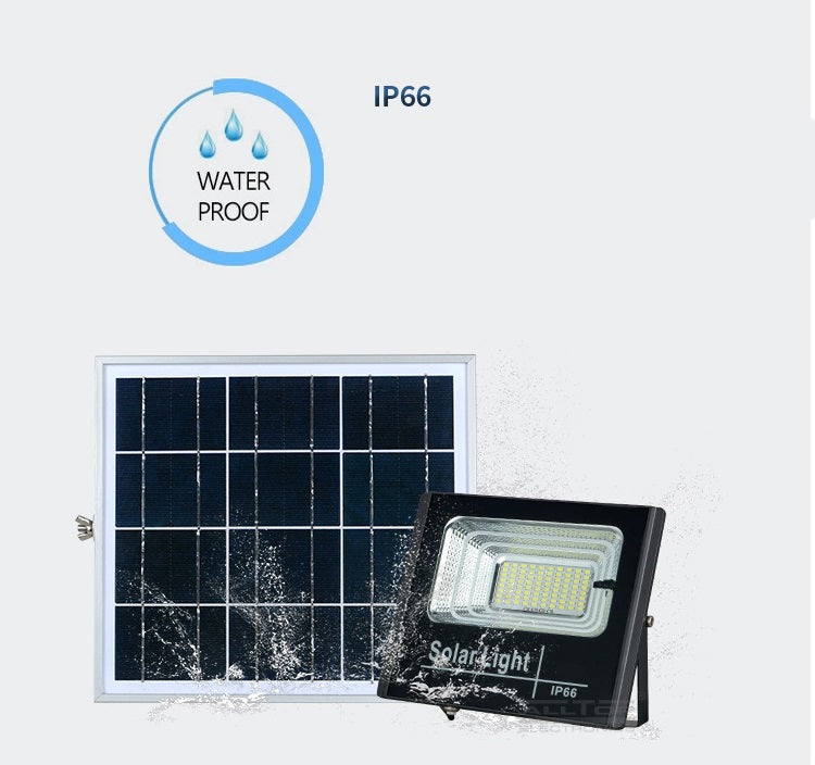 Proiector solar LED 60W, puternic cu 132 de LED-uri, cu Telecomanda cu functii multiple, Rezistent la Apa, Panou incarcare Solara 35x35, Carlig de prindere