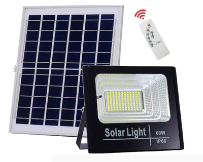 Proiector solar LED 60W, puternic cu 132 de LED-uri, cu Telecomanda cu functii multiple, Rezistent la Apa, Panou incarcare Solara 35x35, Carlig de prindere