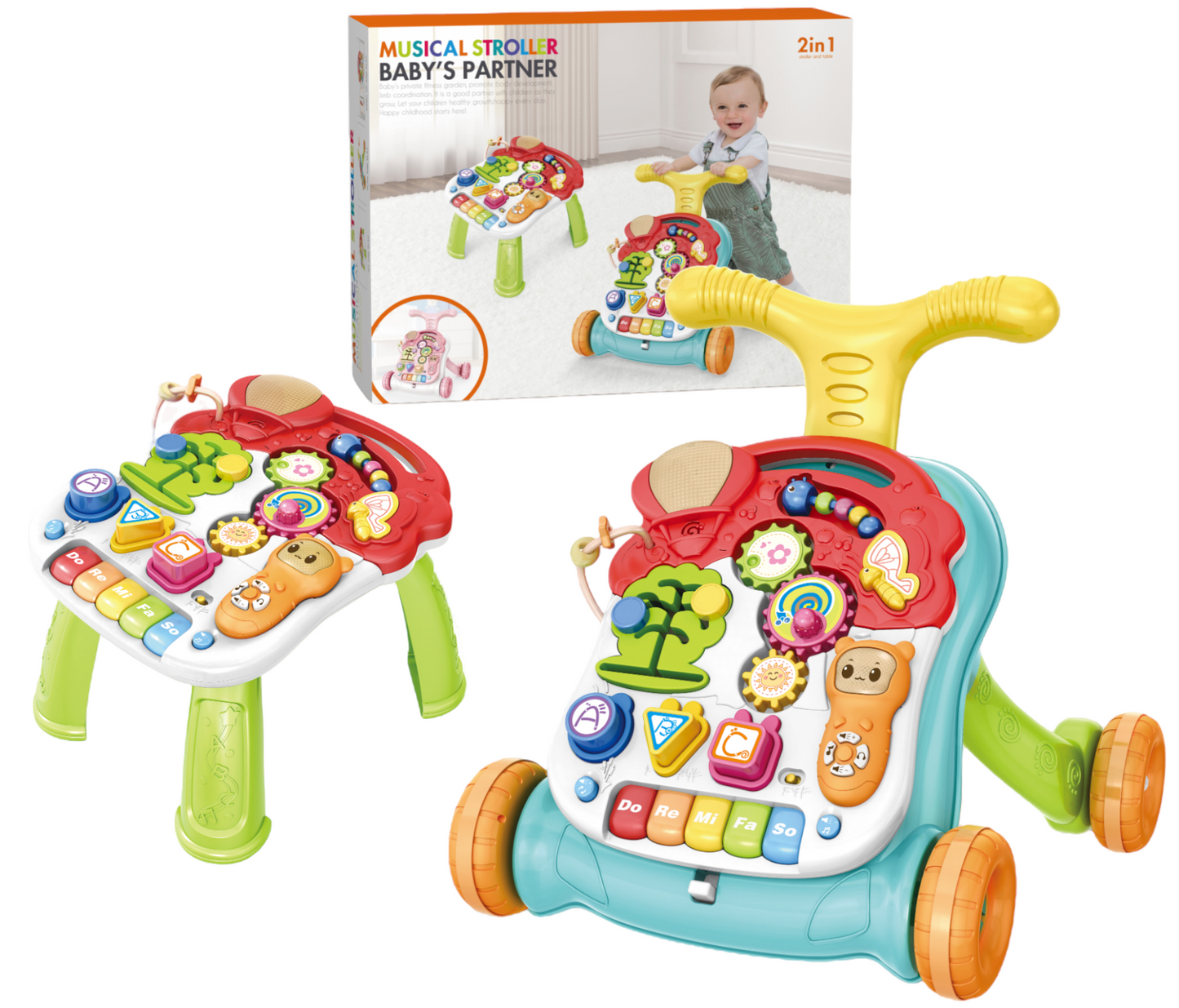 Antemergator Multifunctional 2 in 1, cu Centru de Activitati Educational si Telecomanda cu melodii, Masuta interactiva detasabila, Multiple Moduri de joaca, cu Sunete si Lumini, Multicolor