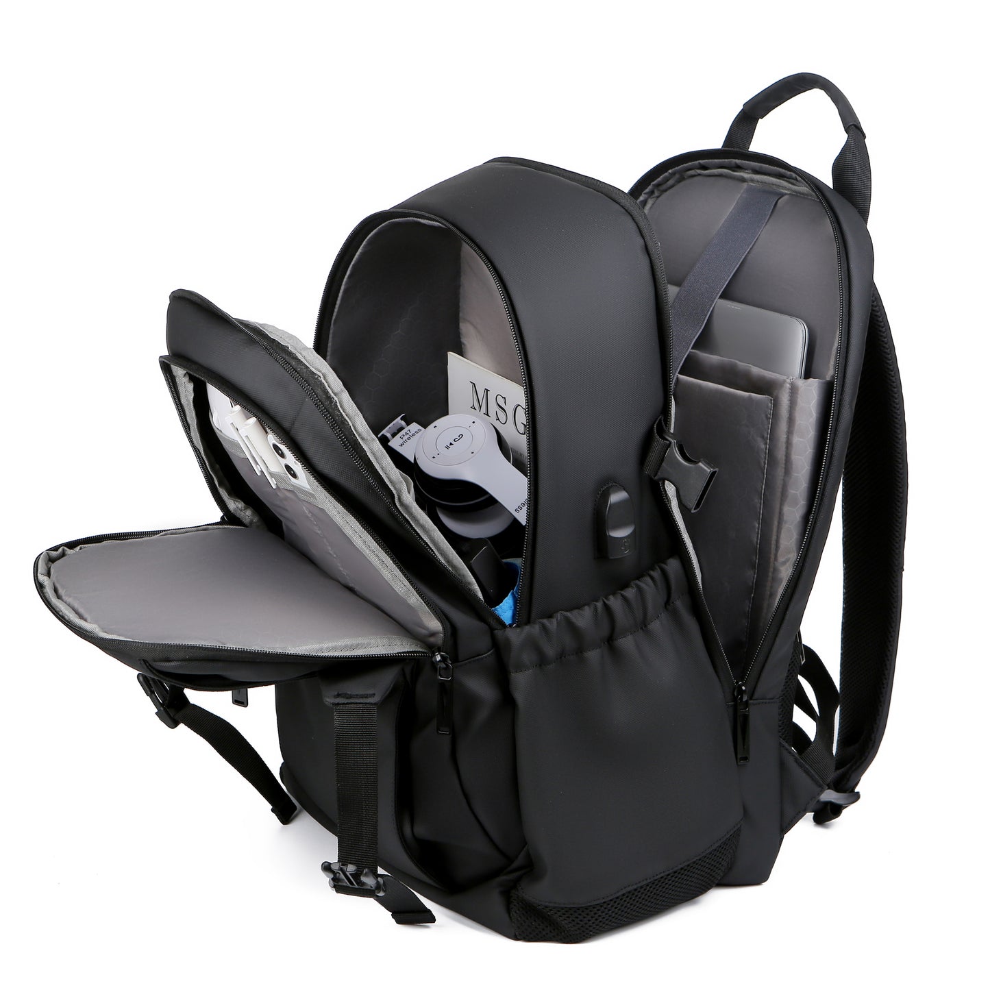 Rucsac multifunctional, Rezistent la apa, cu Port de incarcare USB, smart casual pentru Business/ Calatorii si Laptop 15,6 inchi, VisionHub, 30cm X 45cm, Negru