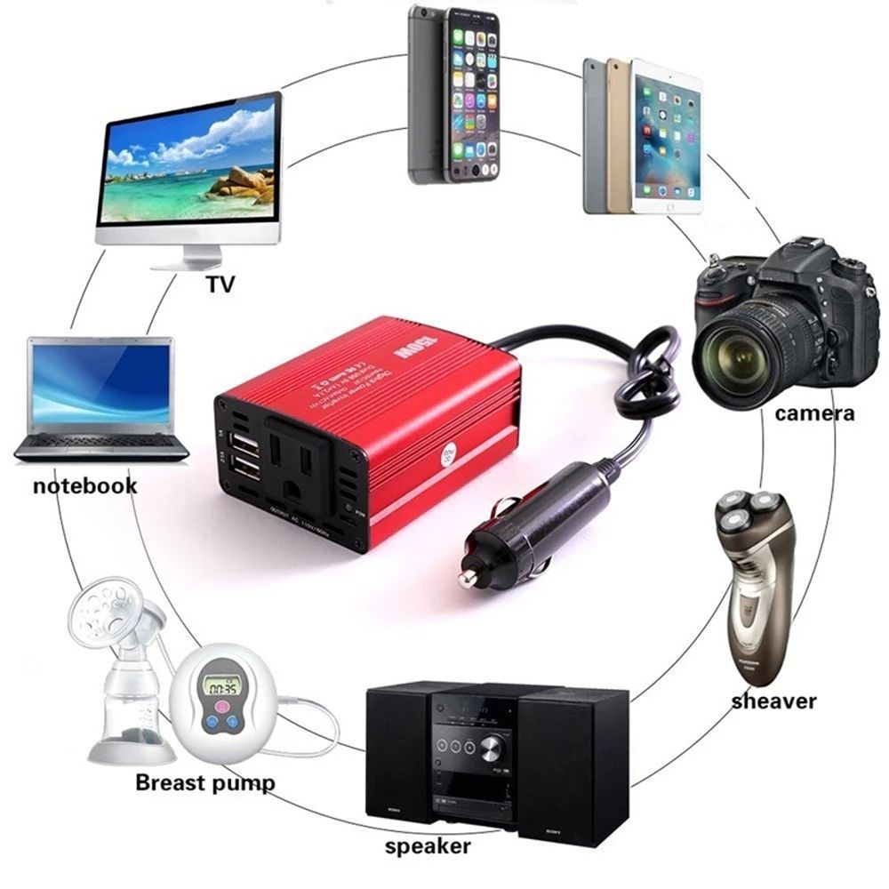 Invertor auto pentru masina 150w, VisionHub®, 12V pana la 220V, Convertor tensiune, adaptor priza bricheta auto, port usb cu incarcare rapida, 2.1A Dual USB, Rosu