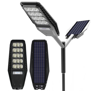 Lampa Solara Stradala 300W, VisionHub®, Proiector cu 600 LED-uri in 15 Casete, Incarcare cu Panou Solar incorporat, Telecomanda, cu Senzor de Miscare, Rezistenta IP67 la Apa, Suport metalic inclus, Negru