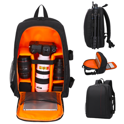 Rucsac Foto, VisionHub®, Pentru Camere Profesionale DSLR - Mirrorless, Camera Sport, Drona, Suport Trepied, Husa impermeabila, 30cm x 45cm, Negru Portocaliu