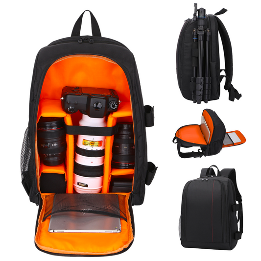 Rucsac Foto, VisionHub®, Pentru Camere Profesionale DSLR - Mirrorless, Camera Sport, Drona, Suport Trepied, Husa impermeabila, 30cm x 45cm, Negru Portocaliu