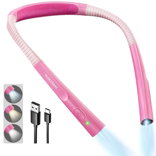 Lampa de citit pentru gat, Flexibila si usoara, Glocusent®, incarcare USB, LED Multifuntionala pentru lectura, tricotat si reparatii, Oprire automata, 3 Temperaturi de culoare cu 3 Niveluri de Luminozitate, 128g x 24cm, Roz