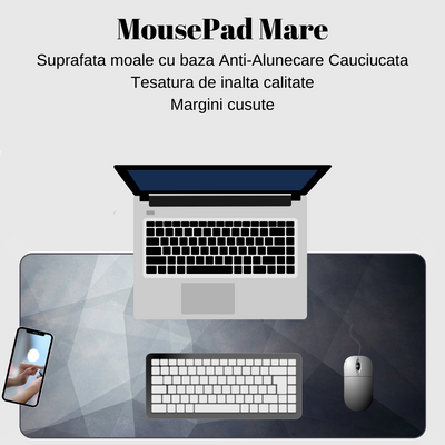 MousePad mare XXL, VisionHub®, Suprafata moale, Baza Anti-Alunecare Cauciucata, Impermeabil pentru protectie birou, 900x400x4mm, Gri Negru