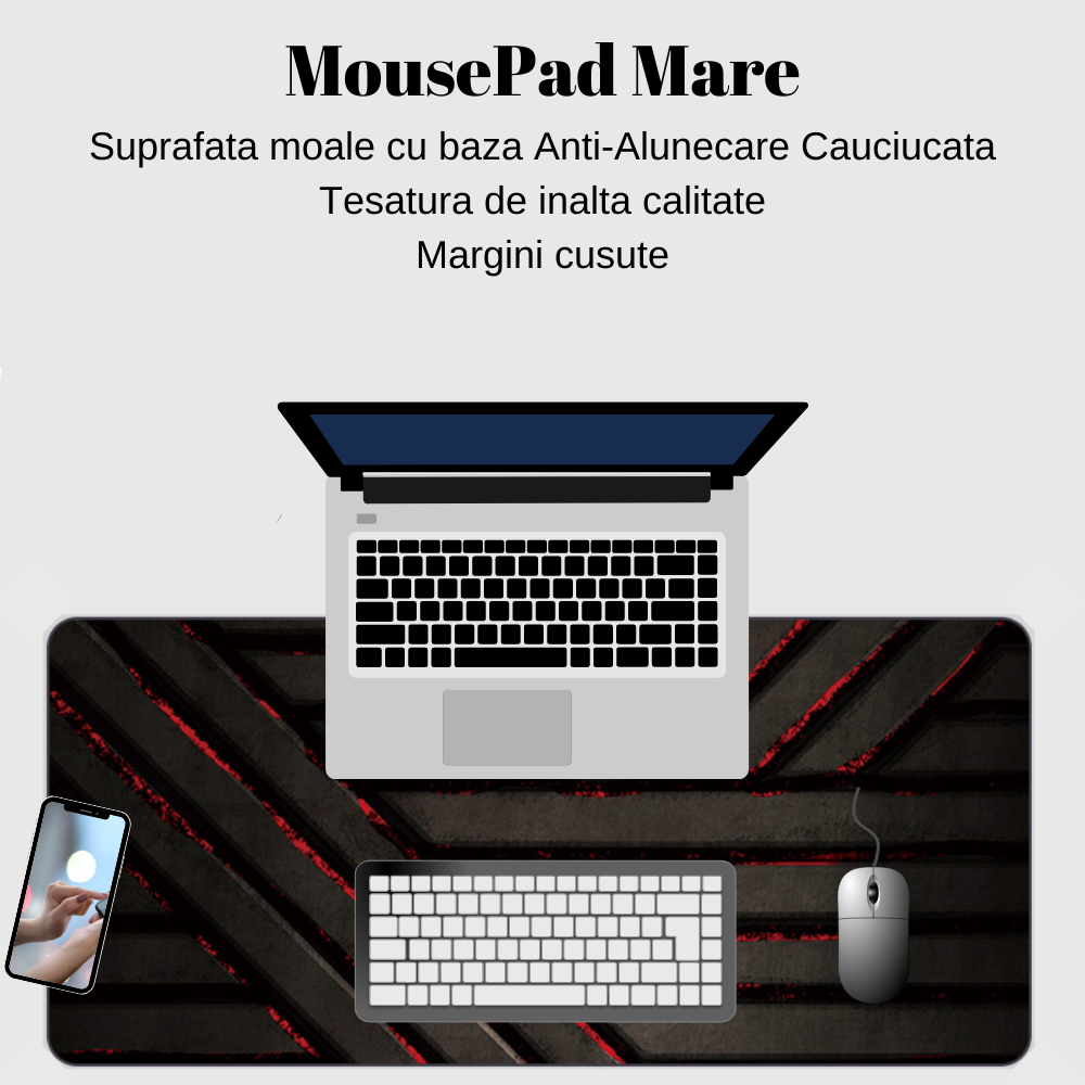 MousePad mare, VisionHub®, Suprafata moale, Baza Anti-Alunecare Cauciucata, Impermeabil pentru protectie birou, 800x300x4mm, Negru