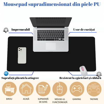 MousePad mare XXL, din Piele PU pentru protectie birou, VisionHub®, Suprafata moale, Impermeabil, Baza Anti-Alunecare, 120x60cm, Negru