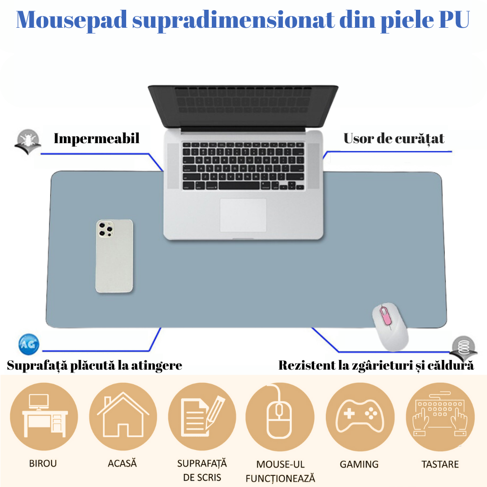 MousePad mare, din Piele PU pentru protectie birou, VisionHub®, Suprafata moale, Impermeabil, Baza Anti-Alunecare, 80x40cm, Albastru