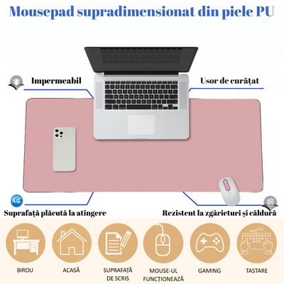 MousePad mare XXL, din Piele PU pentru protectie birou, VisionHub®, Suprafata moale, Impermeabil, Baza Anti-Alunecare, 120x60cm, Roz