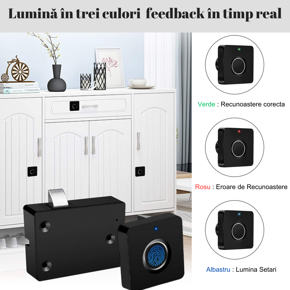 Incuietoare inteligenta fara cheie cu amprenta digitala, VisionHub®, pentru vestiare, dulapuri, sertar, mobilier, reincarcabila prin USB, Impermeabila
