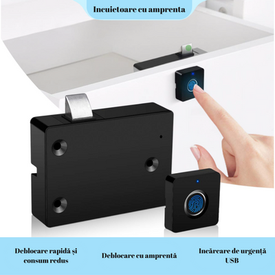 Incuietoare inteligenta fara cheie cu amprenta digitala, VisionHub®, pentru vestiare, dulapuri, sertar, mobilier, reincarcabila prin USB, Impermeabila