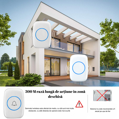 Sonerie Fara FIr cu Buton impermeabil, VisionHub®, Rezistenta la apa, Volum reglabil, semnalizare cu LED, Wireless, Raza mare de actiune 300m, Alb