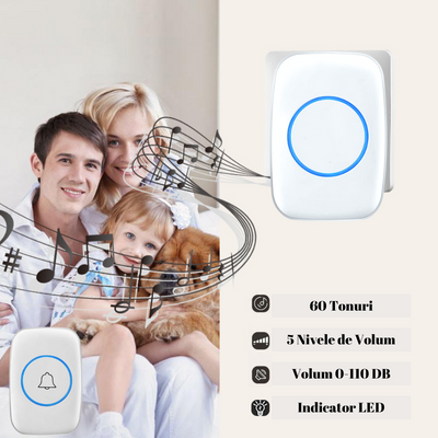 Sonerie Fara FIr cu Buton impermeabil, VisionHub®, Rezistenta la apa, Volum reglabil, semnalizare cu LED, Wireless, Raza mare de actiune 300m, Alb