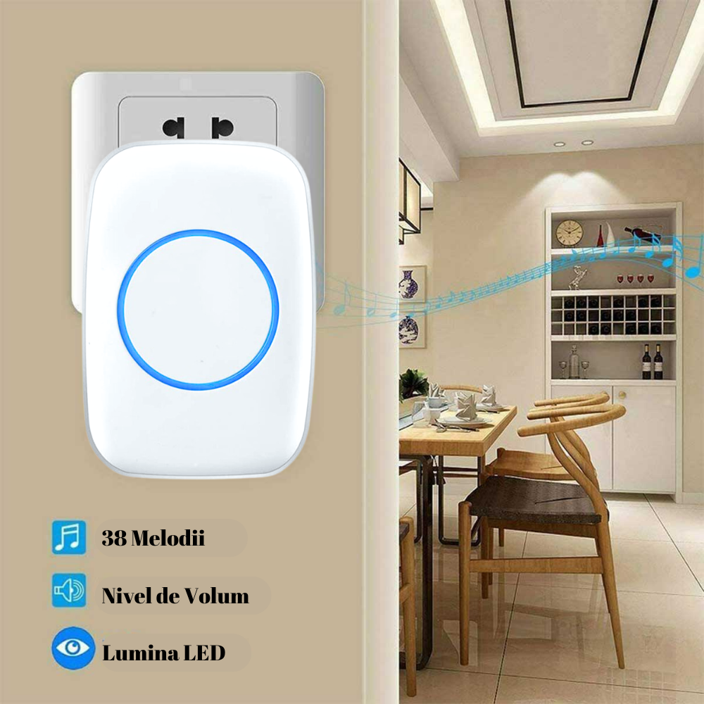 Sonerie Fara FIr cu Buton impermeabil, VisionHub®, Rezistenta la apa, Volum reglabil, semnalizare cu LED, Wireless, Raza mare de actiune 300m, Alb