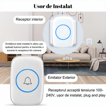 Sonerie Fara FIr cu Buton impermeabil, VisionHub®, Rezistenta la apa, Volum reglabil, semnalizare cu LED, Wireless, Raza mare de actiune 300m, Alb
