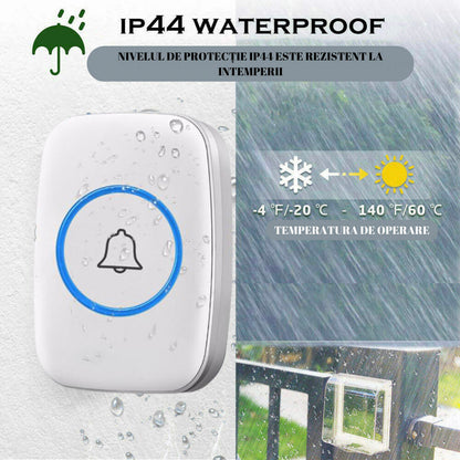 Sonerie Fara FIr cu Buton impermeabil, VisionHub®, Rezistenta la apa, Volum reglabil, semnalizare cu LED, Wireless, Raza mare de actiune 300m, Alb