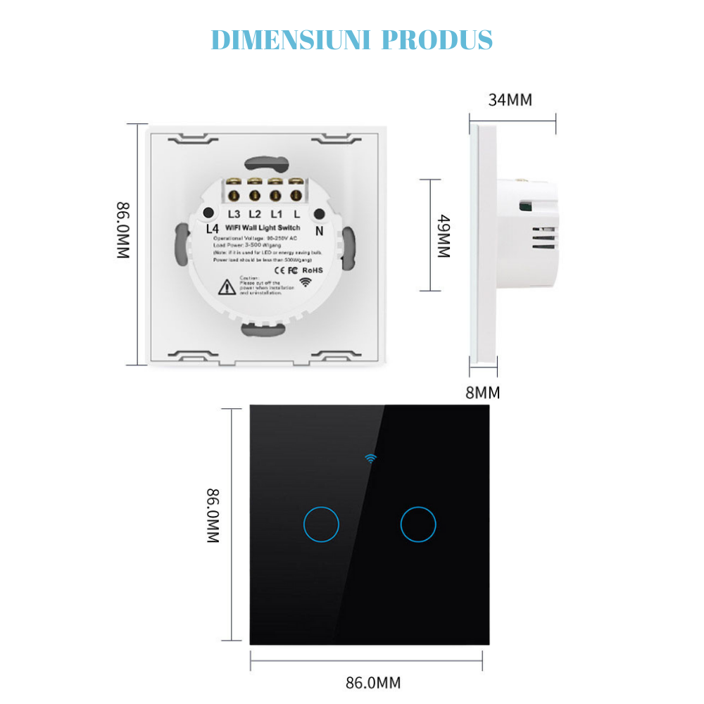 Intrerupator inteligent cu touch, Wireless, VisionHub®, Wi-fi, 2 Canale, Sticla Securizata, Compatibil iOS/Android, Tuya, Amazon Alexa/Google Assistant, Negru