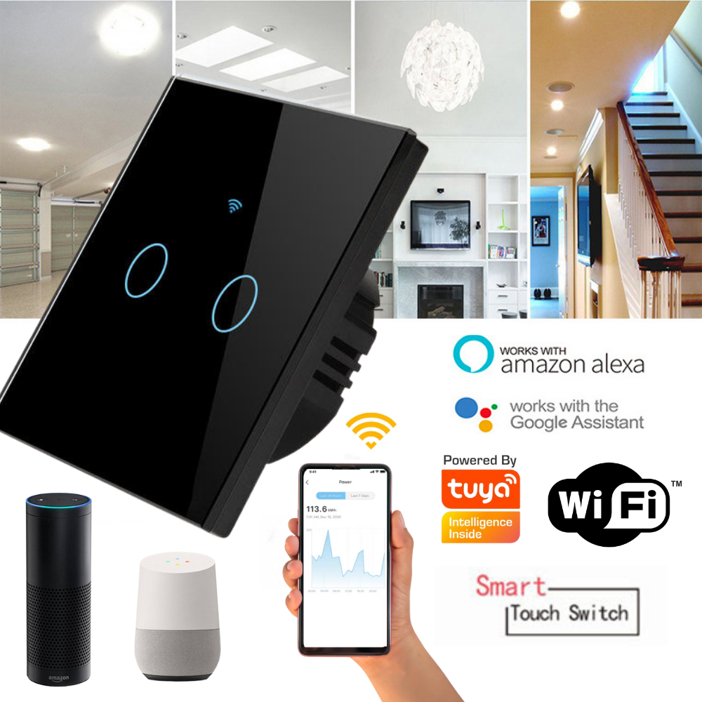 Intrerupator inteligent cu touch, Wireless, VisionHub®, Wi-fi, 2 Canale, Sticla Securizata, Compatibil iOS/Android, Tuya, Amazon Alexa/Google Assistant, Negru