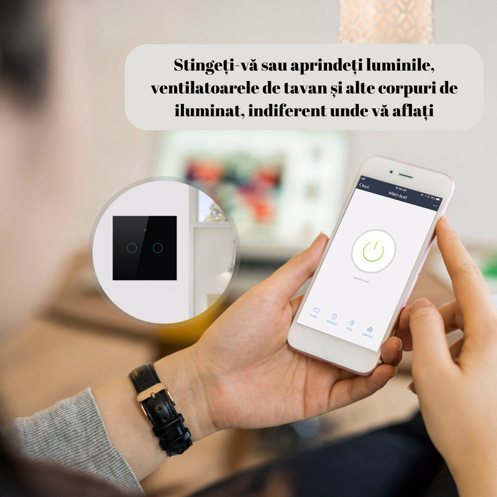 Intrerupator inteligent cu touch, Wireless, VisionHub®, Wi-fi, 2 Canale, Sticla Securizata, Compatibil iOS/Android, Tuya, Amazon Alexa/Google Assistant, Negru