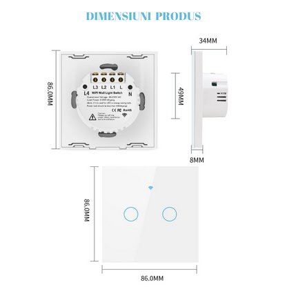 Intrerupator inteligent cu touch, Wireless, VisionHub®, Wi-fi, 2 Canale, Sticla Securizata, Compatibil iOS/Android, Tuya, Amazon Alexa/Google Assistant, Alb