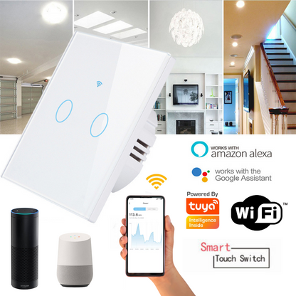 Intrerupator inteligent cu touch, Wireless, VisionHub®, Wi-fi, 2 Canale, Sticla Securizata, Compatibil iOS/Android, Tuya, Amazon Alexa/Google Assistant, Alb