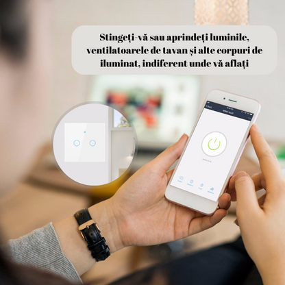 Intrerupator inteligent cu touch, Wireless, VisionHub®, Wi-fi, 2 Canale, Sticla Securizata, Compatibil iOS/Android, Tuya, Amazon Alexa/Google Assistant, Alb