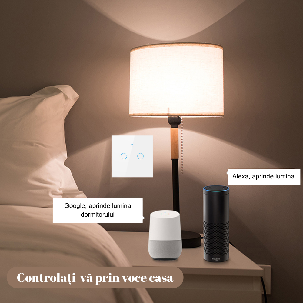 Intrerupator inteligent cu touch, Wireless, VisionHub®, Wi-fi, 2 Canale, Sticla Securizata, Compatibil iOS/Android, Tuya, Amazon Alexa/Google Assistant, Alb