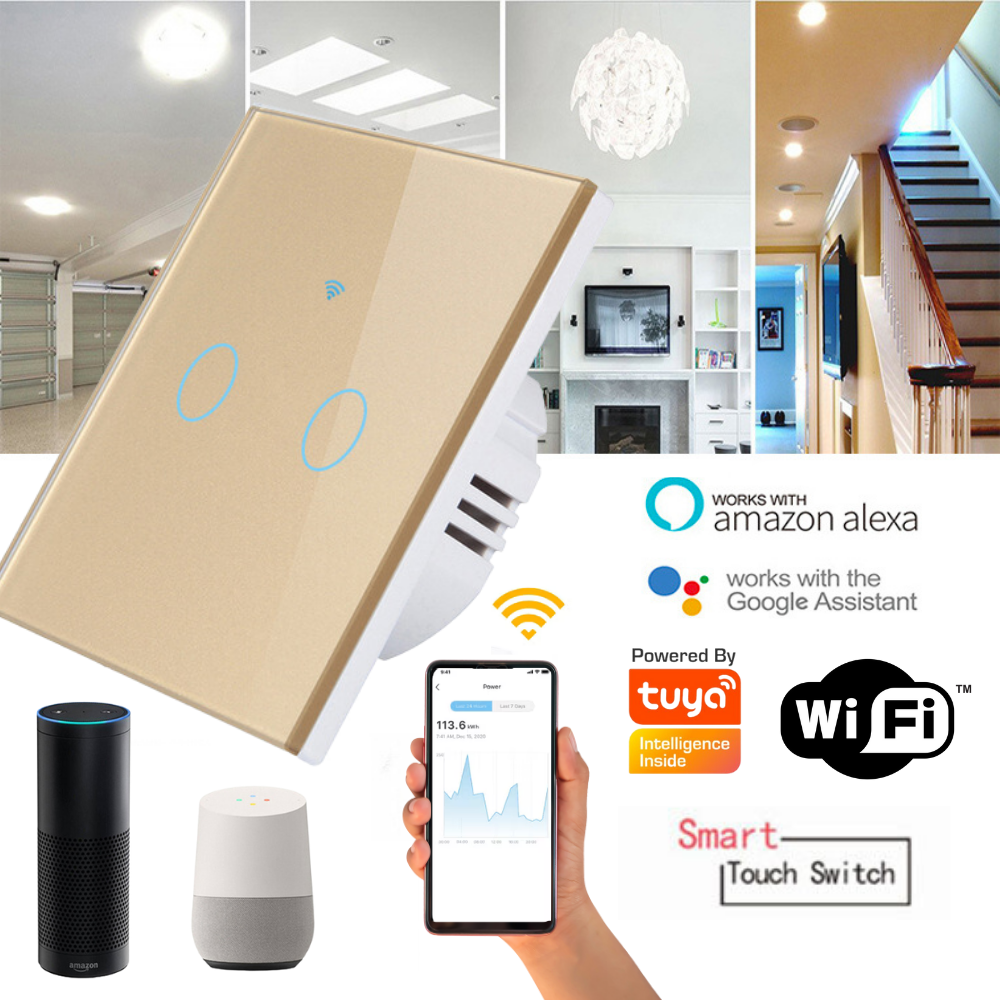 Intrerupator inteligent cu touch, Wireless, VisionHub®, Wi-fi, 2 Canale, Sticla Securizata, Compatibil iOS/Android, Tuya, Amazon Alexa/Google Assistant, Auriu