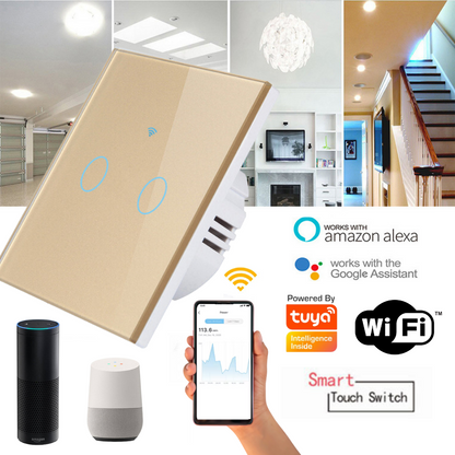 Intrerupator inteligent cu touch, Wireless, VisionHub®, Wi-fi, 2 Canale, Sticla Securizata, Compatibil iOS/Android, Tuya, Amazon Alexa/Google Assistant, Auriu