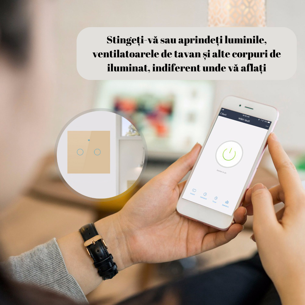 Intrerupator inteligent cu touch, Wireless, VisionHub®, Wi-fi, 2 Canale, Sticla Securizata, Compatibil iOS/Android, Tuya, Amazon Alexa/Google Assistant, Auriu