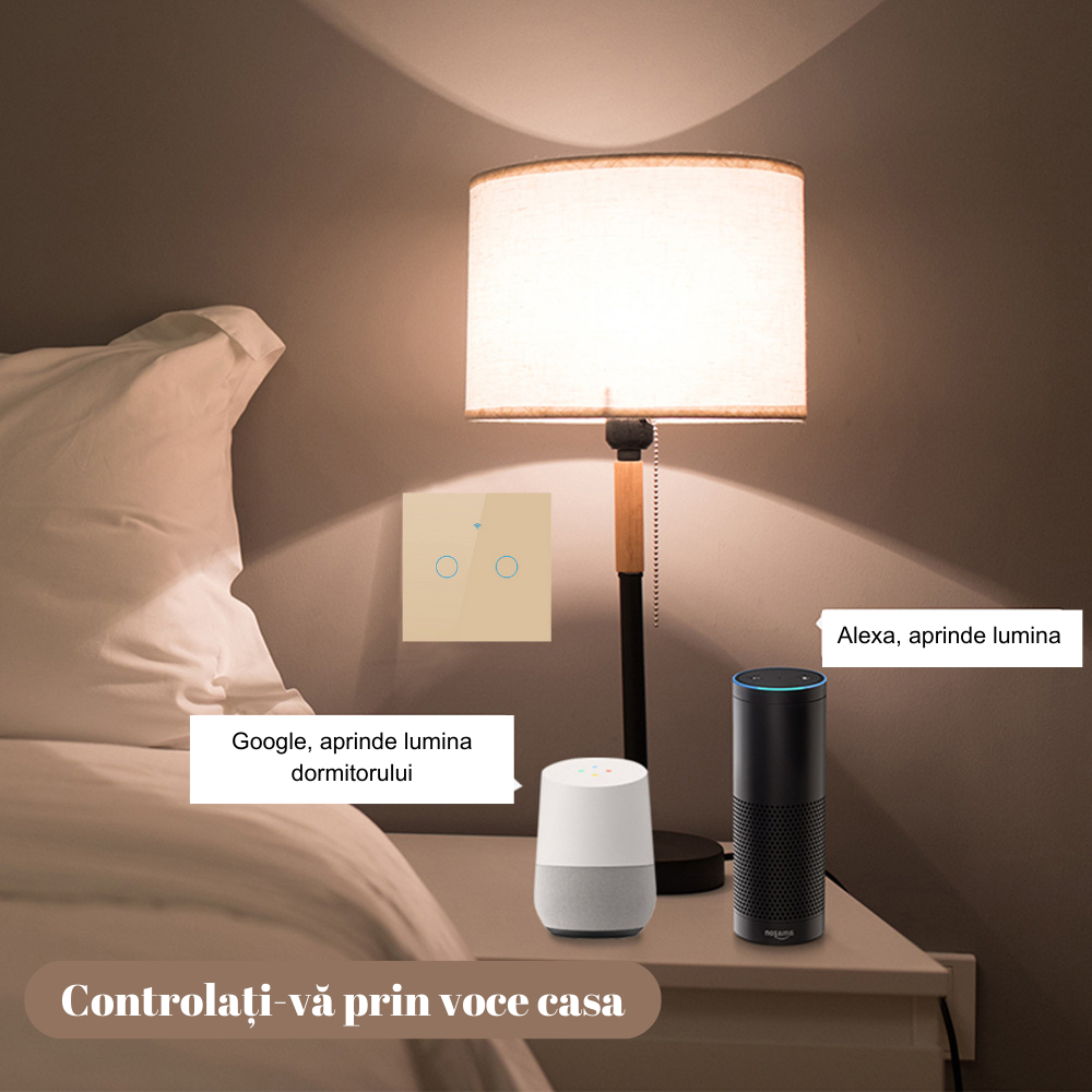 Intrerupator inteligent cu touch, Wireless, VisionHub®, Wi-fi, 2 Canale, Sticla Securizata, Compatibil iOS/Android, Tuya, Amazon Alexa/Google Assistant, Auriu