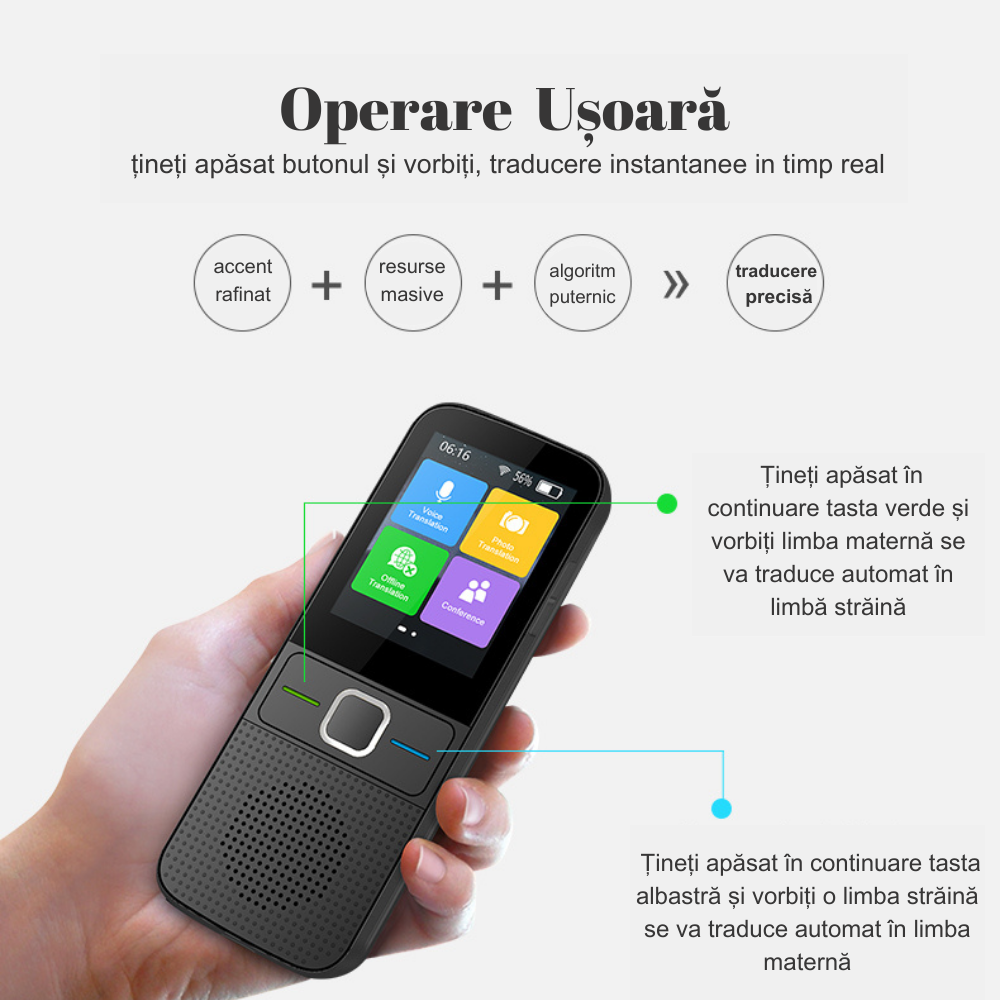 Translator inteligent Vocal Digital Bidirectional cu peste 137 Limbi Online si Offline, VisionHub®, Traducator in timp real, voce, text, fotografii, Wi-fi, ecran tactil de 2,4 inchi, 8Gb, Negru