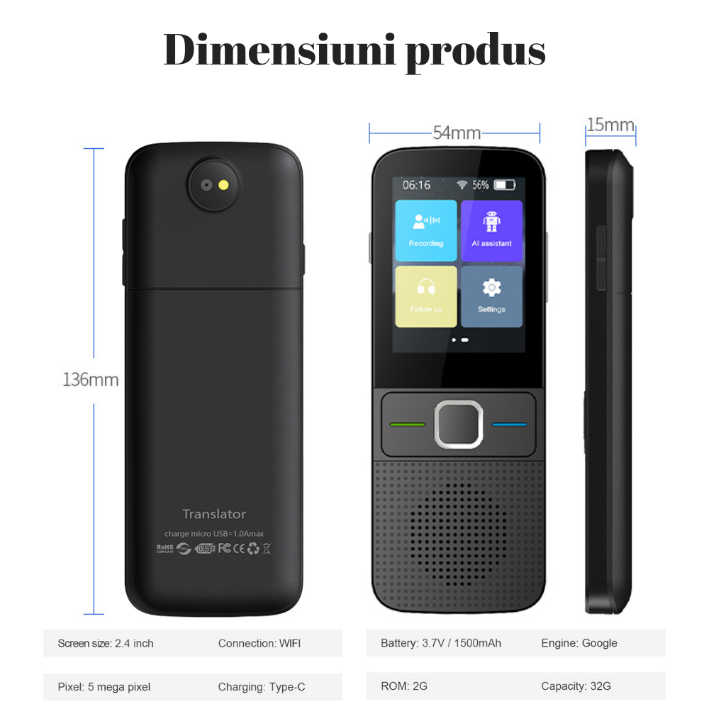 Translator inteligent Vocal Digital Bidirectional cu peste 137 Limbi Online si Offline, VisionHub®, Traducator in timp real, voce, text, fotografii, Wi-fi, ecran tactil de 2,4 inchi, 8Gb, Negru