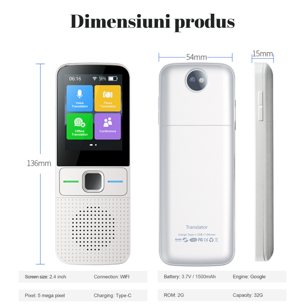 Traducator inteligent Vocal Digital Bidirectional cu peste 137 Limbi Online si Offline, VisionHub®, Translator in timp real, voce, text, fotografii, Wi-fi, ecran tactil de 2,4 inchi, 8Gb, Alb