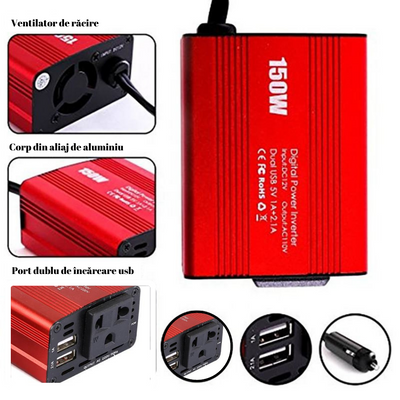 Invertor auto pentru masina 150w, VisionHub®, 12V pana la 220V, Convertor tensiune, adaptor priza bricheta auto, port usb cu incarcare rapida, 2.1A Dual USB, Rosu